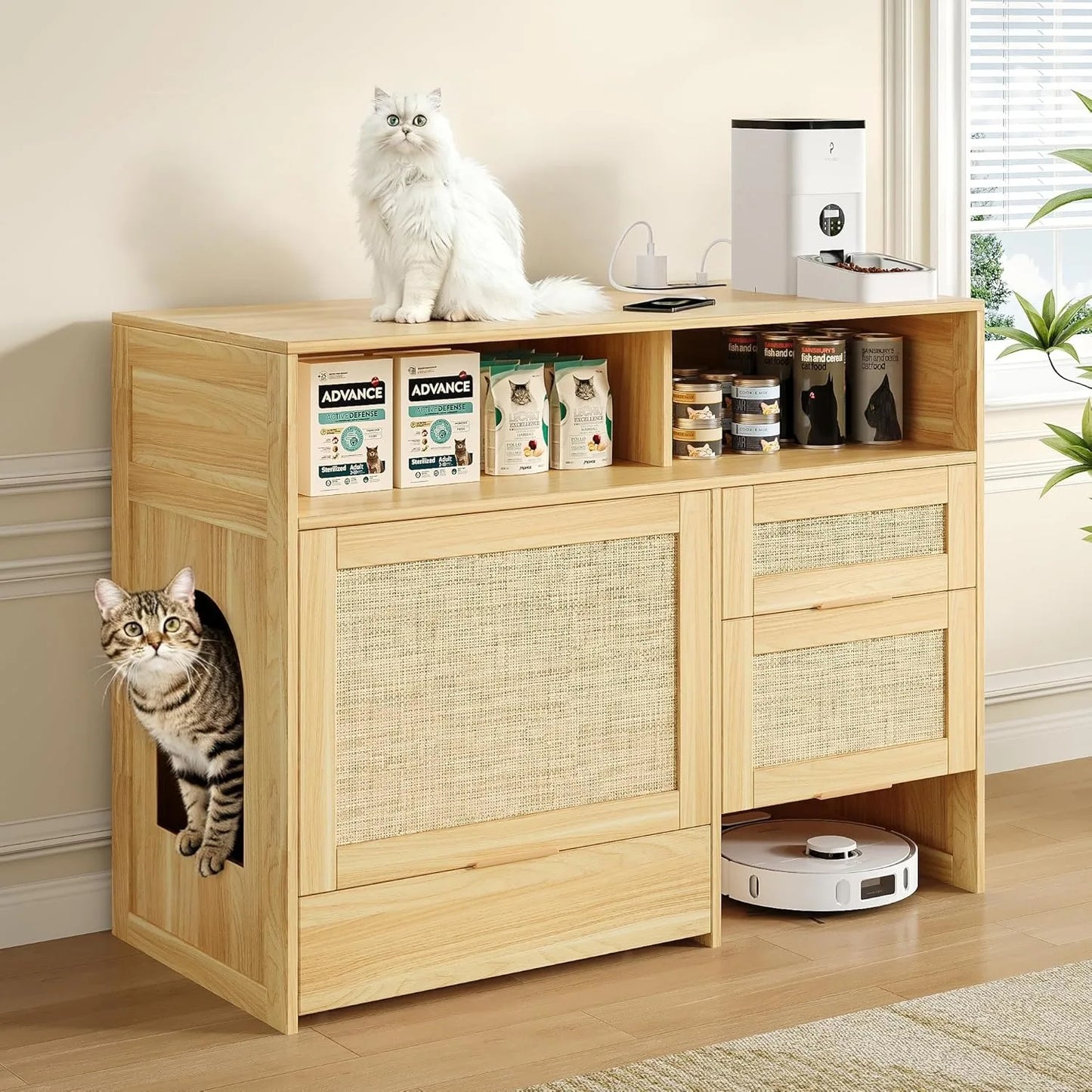 Hidden Litter Box Cabinet with Rattan Style and Storage