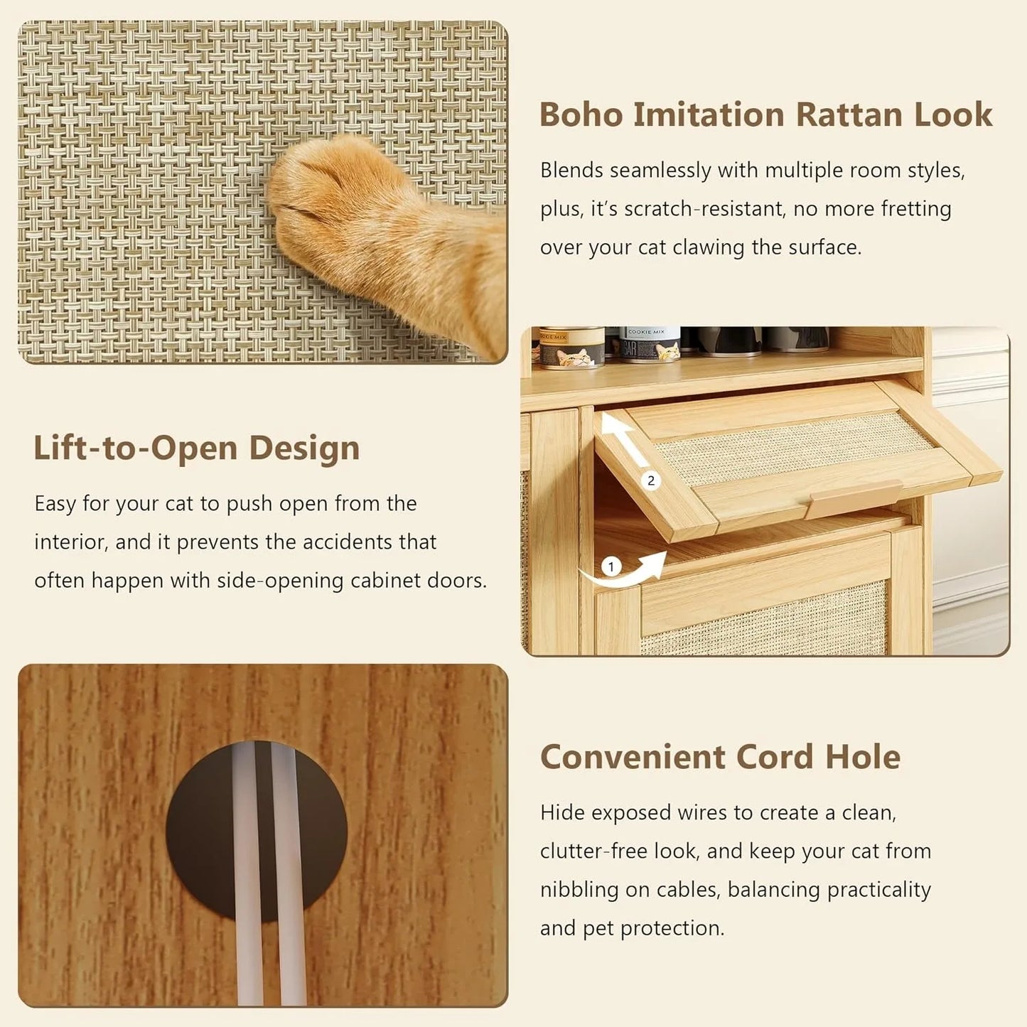 Hidden Litter Box Cabinet with Rattan Style and Storage