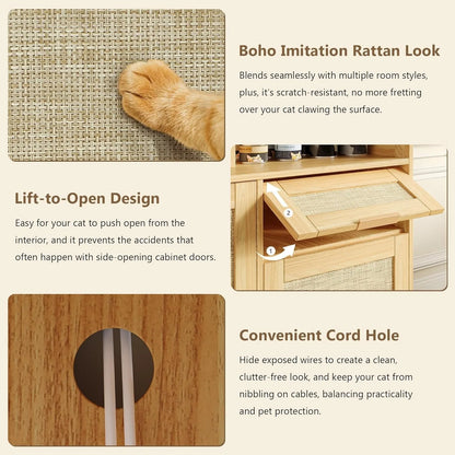 Hidden Litter Box Cabinet with Rattan Style and Storage