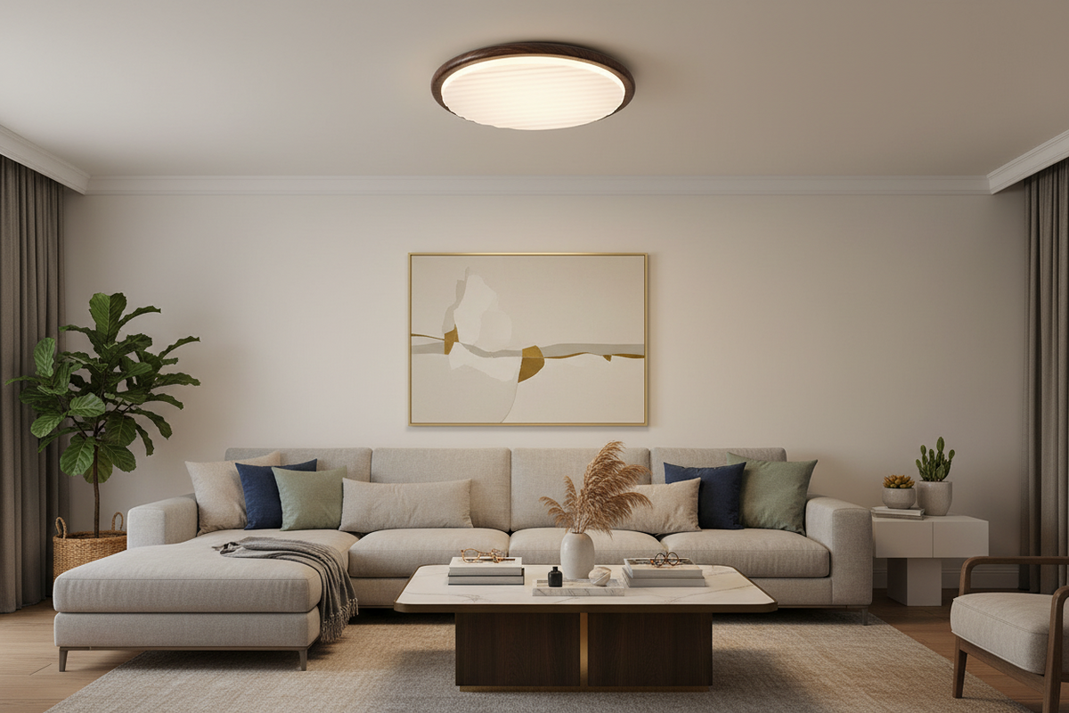 Wood LED Ceiling Light Round Wooden Flush Mount Lamp