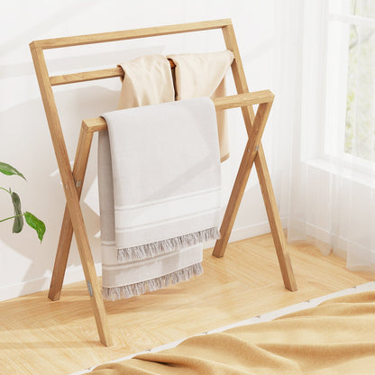 Freestanding Foldable Teak Wood Towel Rack with 3 Hanging Crossbars