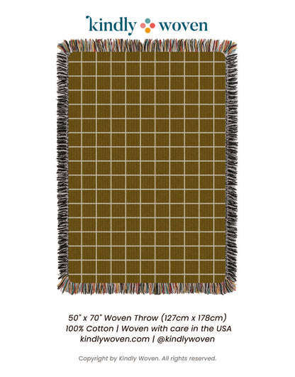 Greer Acorn Golden Brown Grid Jacquard Woven Throw Blanket, Reversible Cotton Throw, Made in USA
