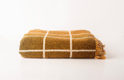 Greer Acorn Golden Brown Grid Jacquard Woven Throw Blanket, Reversible Cotton Throw, Made in USA