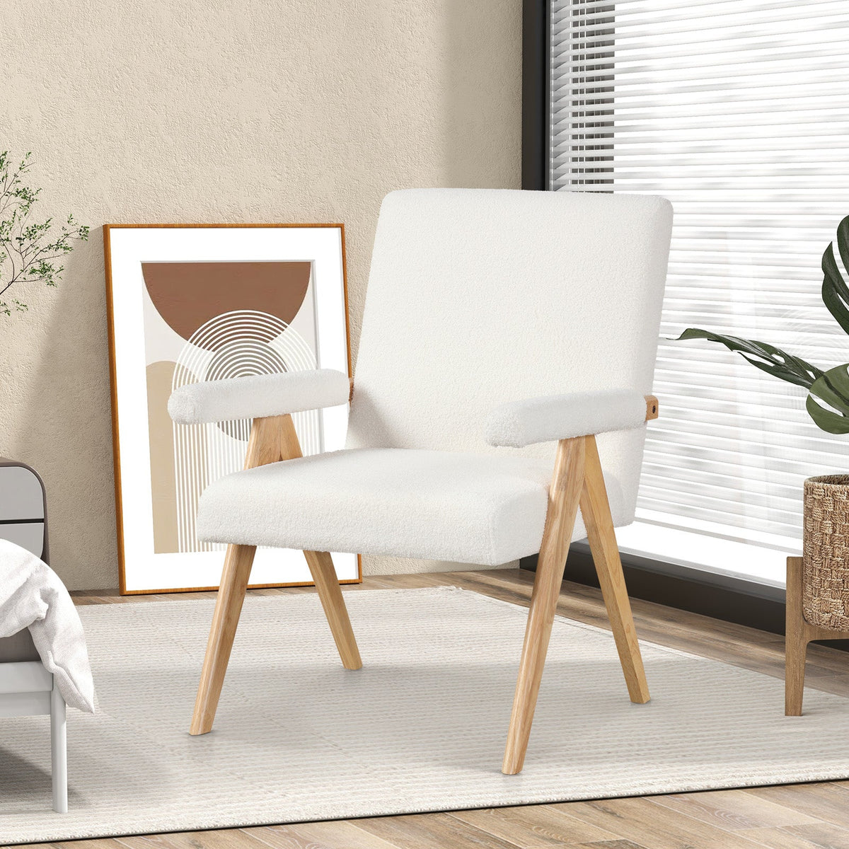 Mid Century Modern Accent Chair with Rubber Wood Frame and Padded Armrests-White