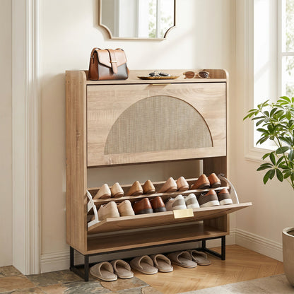 Narrow Shoe Storage Cabinet with Flip Drawers & Shelves