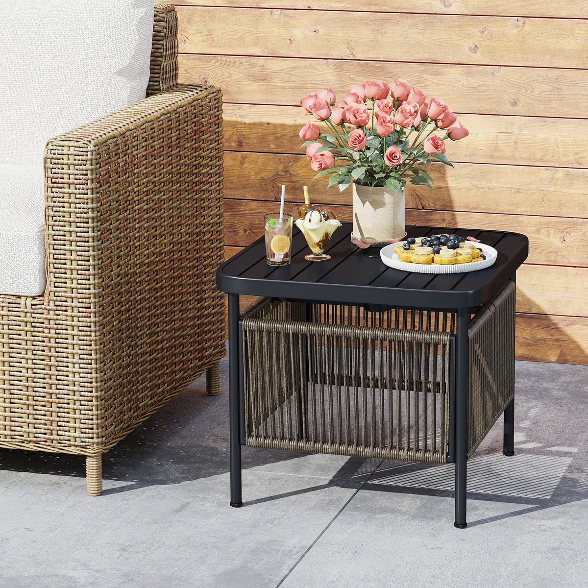 Outdoor Side Table with Umbrella Hole and Storage Shelf