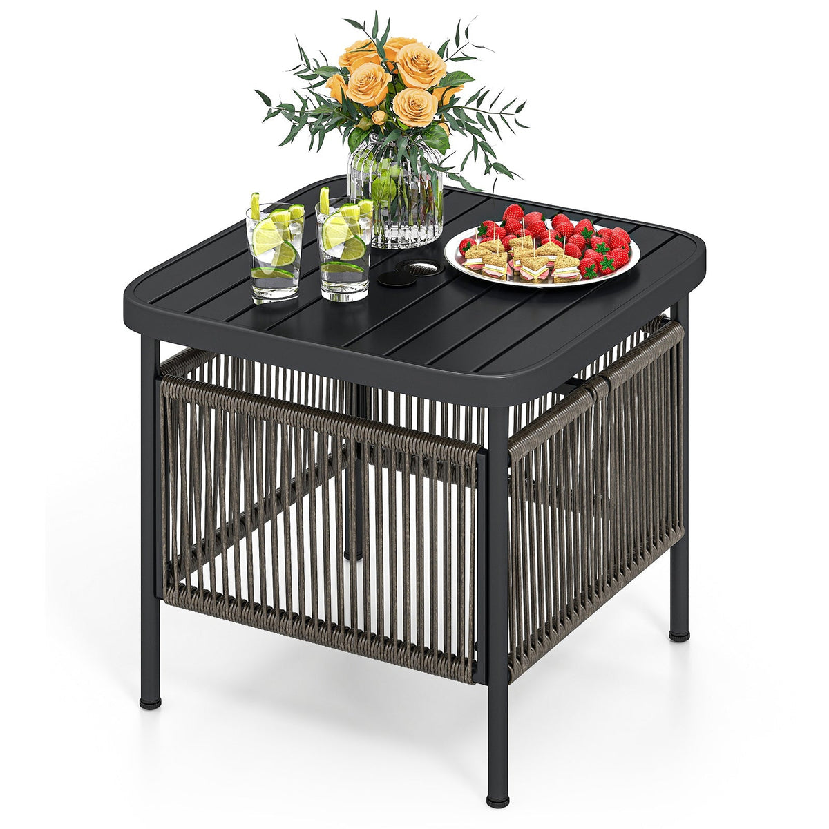 Outdoor Side Table with Umbrella Hole and Storage Shelf