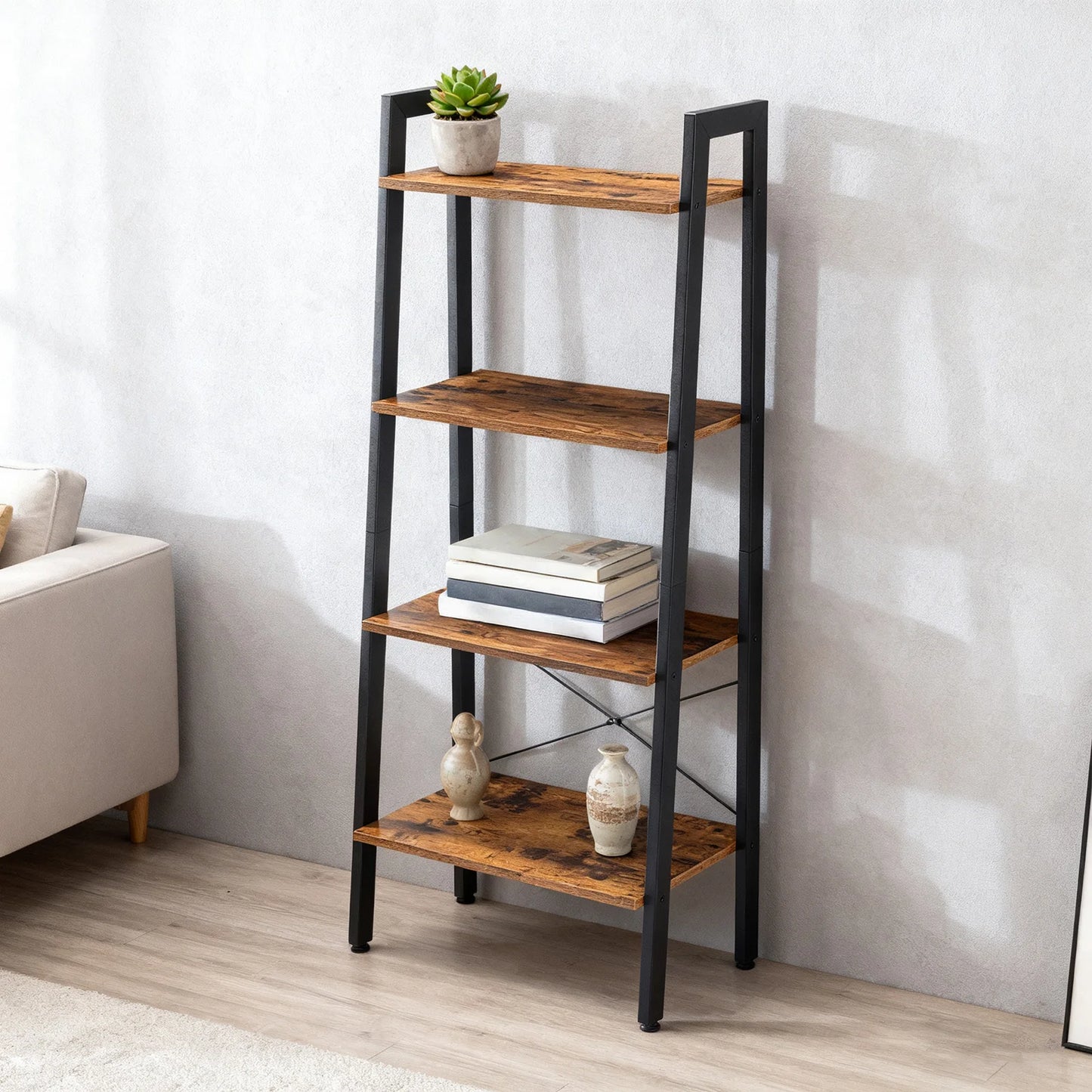 JHK 4-Tier Display Bookshelf Wooden Storage Standing Shelf Stable Frame Graduated Shelves for Organized Display for Living Room