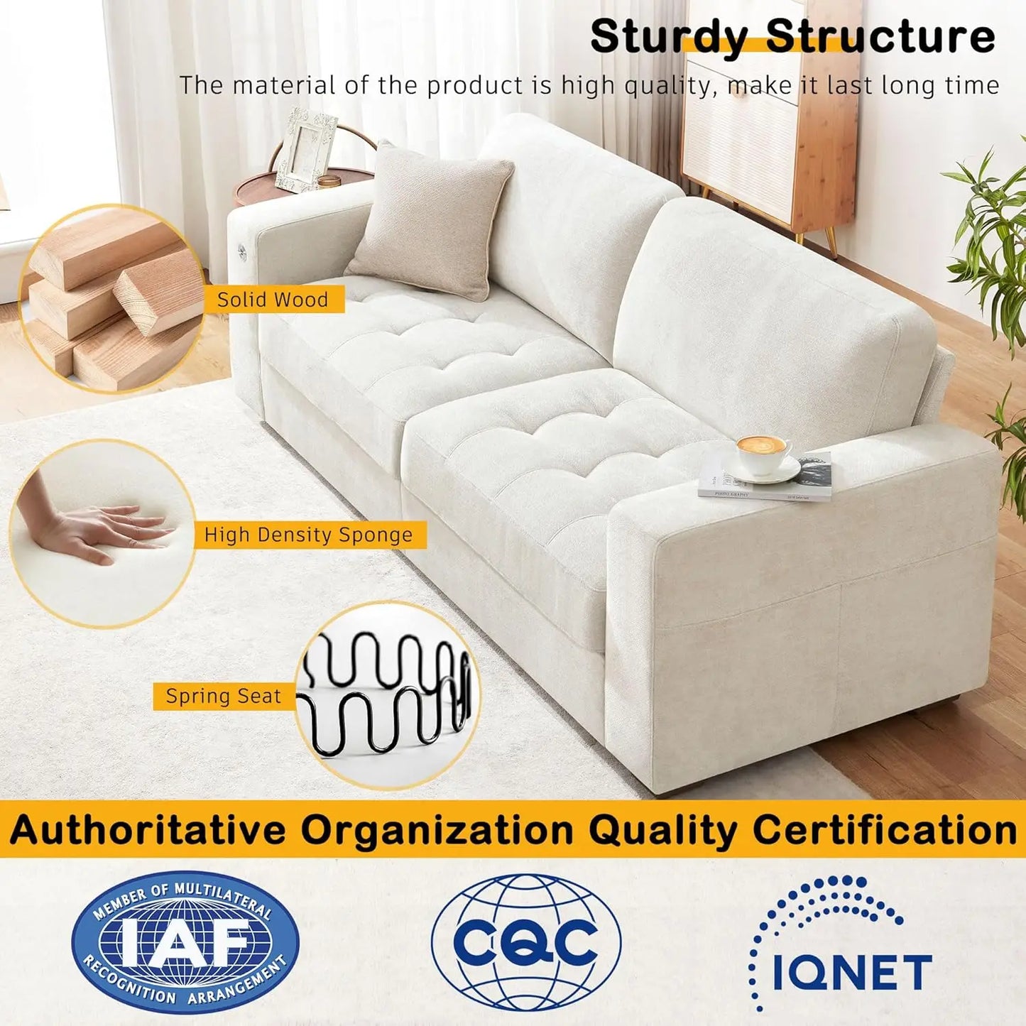 Chenille Sofa with USB Ports and Deep Cushion Comfort