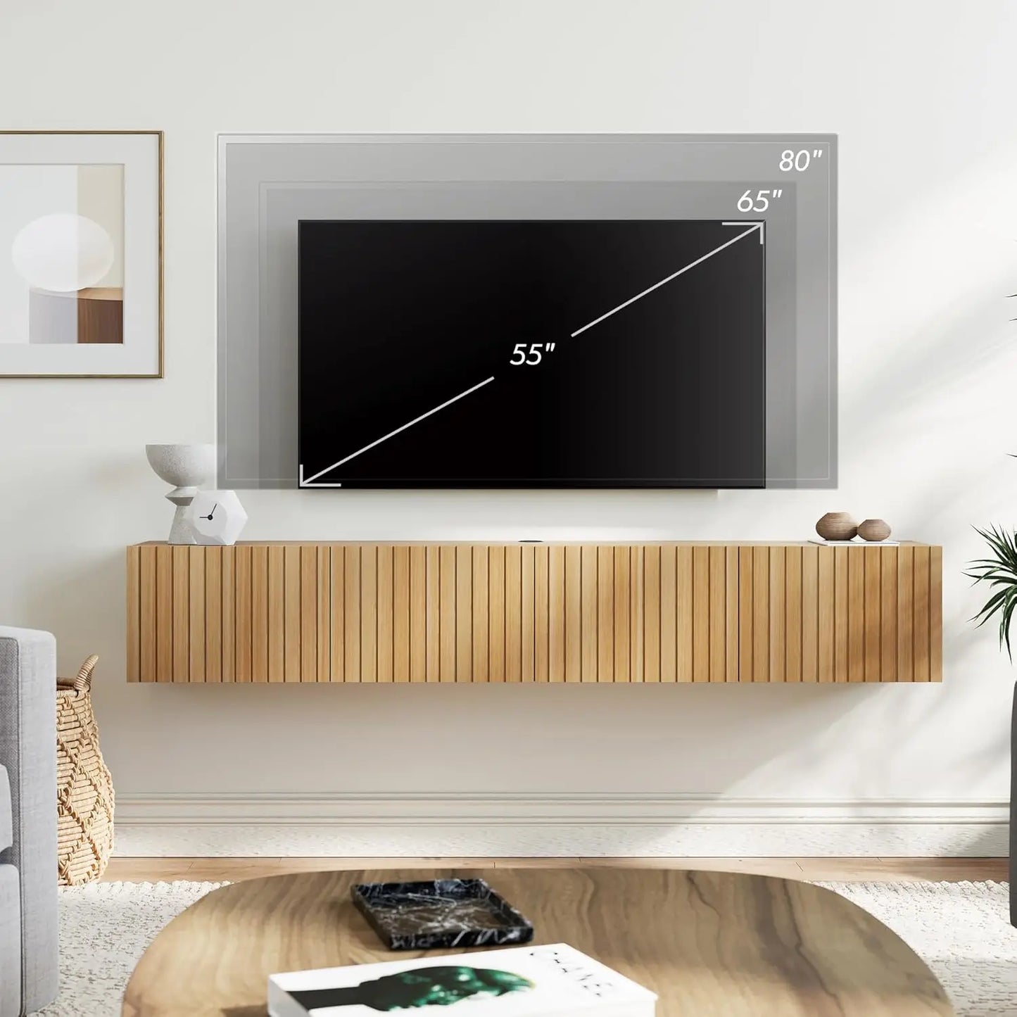 Floating TV Stand with Fluted Design and Hidden Storage