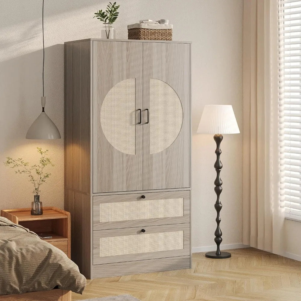 Arched Rattan Door Bedroom Wardrobe Armoire