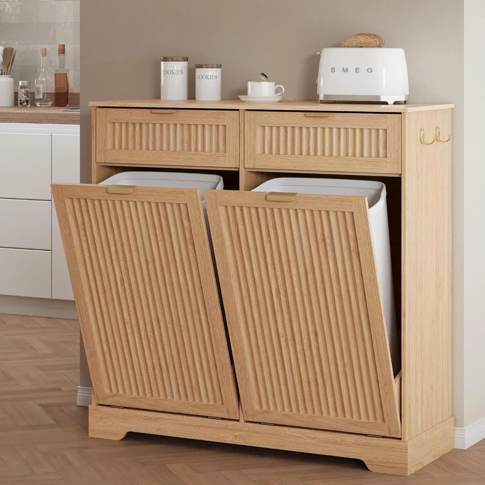 Fluted Tilt-Out Trash Cabinet with Storage Drawers