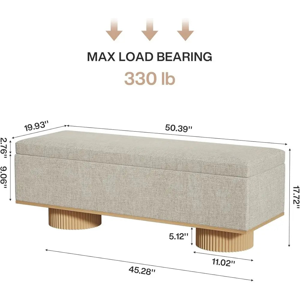 Modern Beige Storage Bench with Fluted Wood Legs
