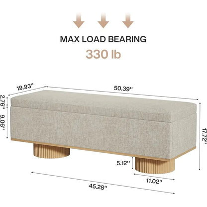Modern Beige Storage Bench with Fluted Wood Legs