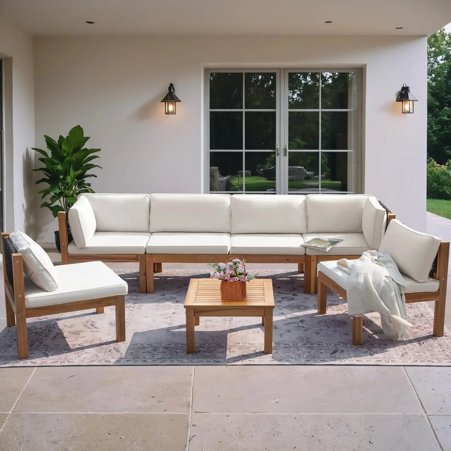 7 Piece Outdoor Acacia Sofa Set with Cushioned Seating and Table