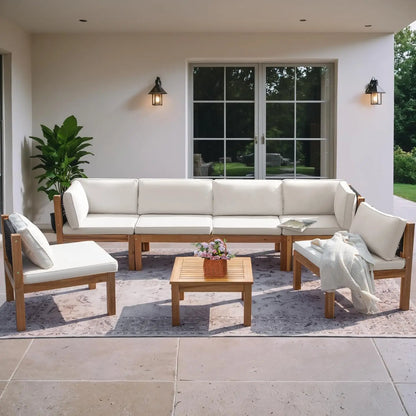 7 Piece Outdoor Acacia Sofa Set with Cushioned Seating and Table