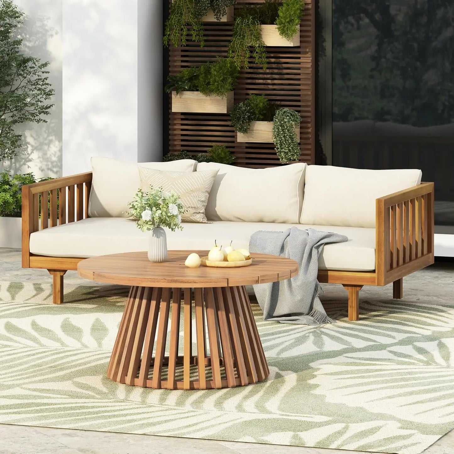 Acacia Wood Outdoor Sofa Set with Cushions and Coffee Table
