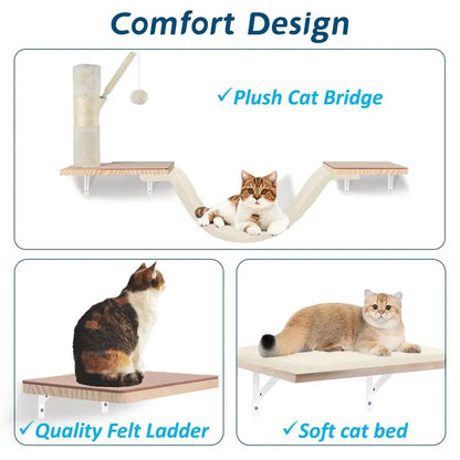 Natural Wood Cat Wall Shelves With Climbing System