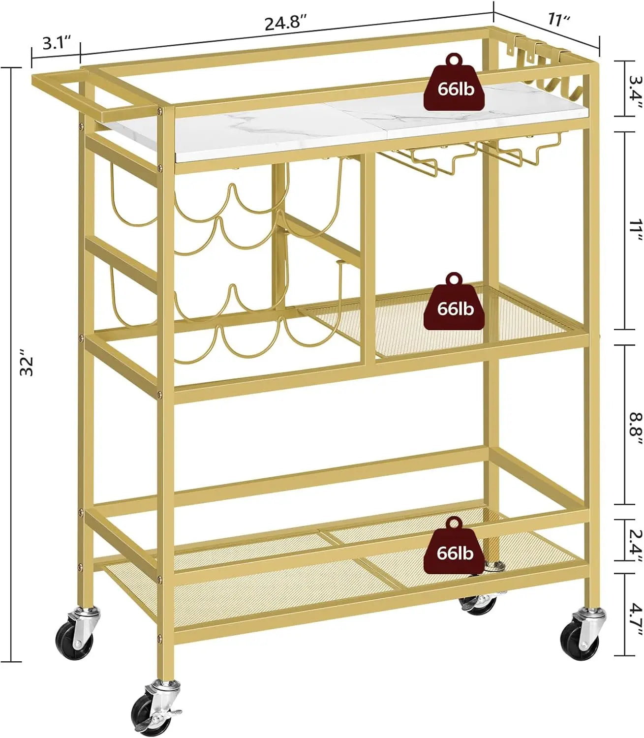 Elegant Three-Tier Rolling Bar Cart