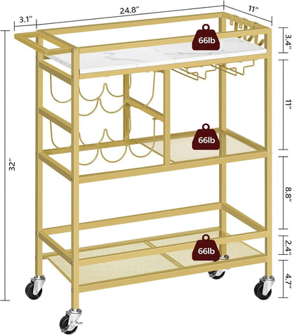 Elegant Three-Tier Rolling Bar Cart