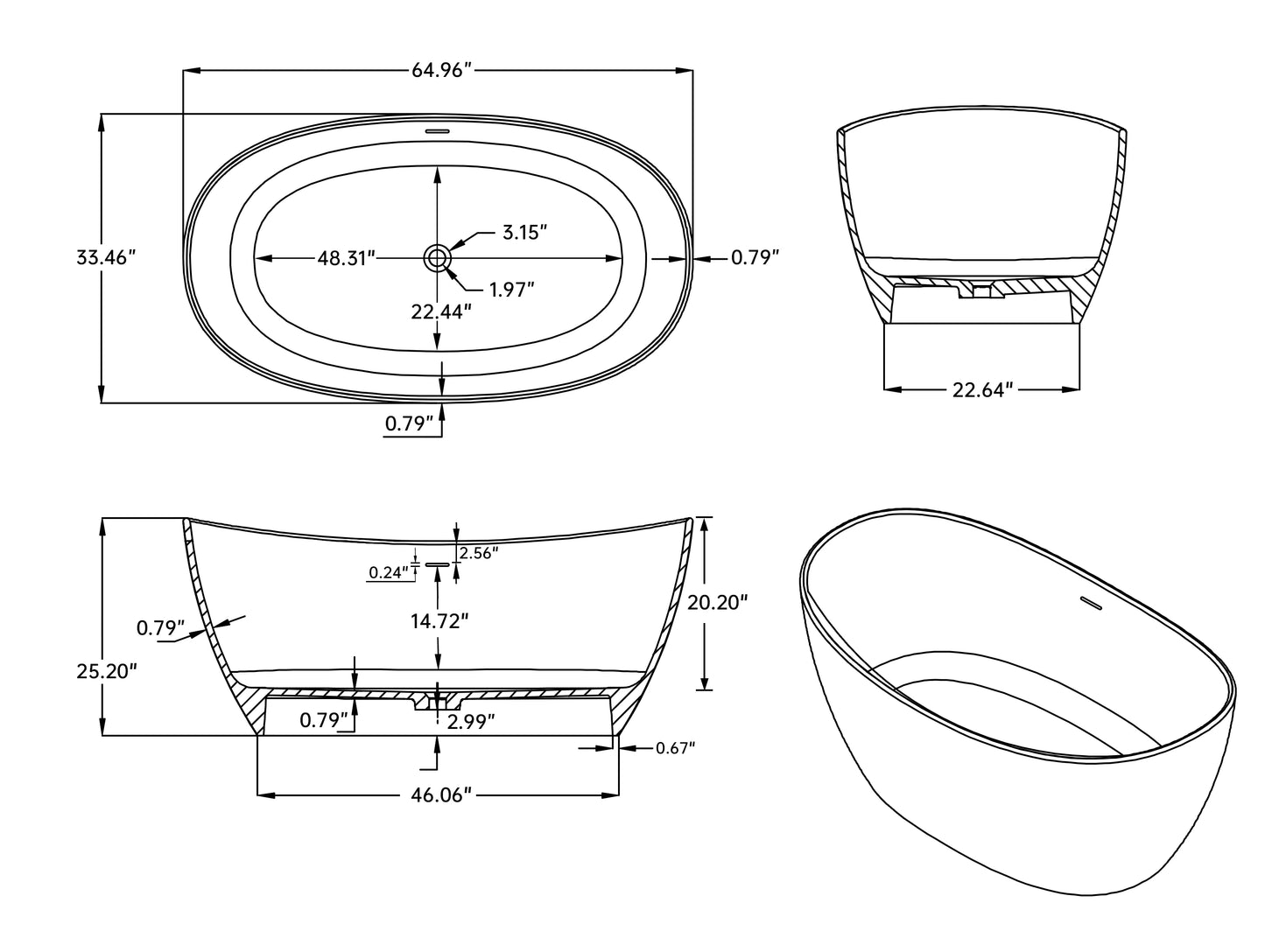 65” Gray Coffee Solid Surface Freestanding Soaking Tub