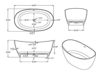 65” Gray Coffee Solid Surface Freestanding Soaking Tub