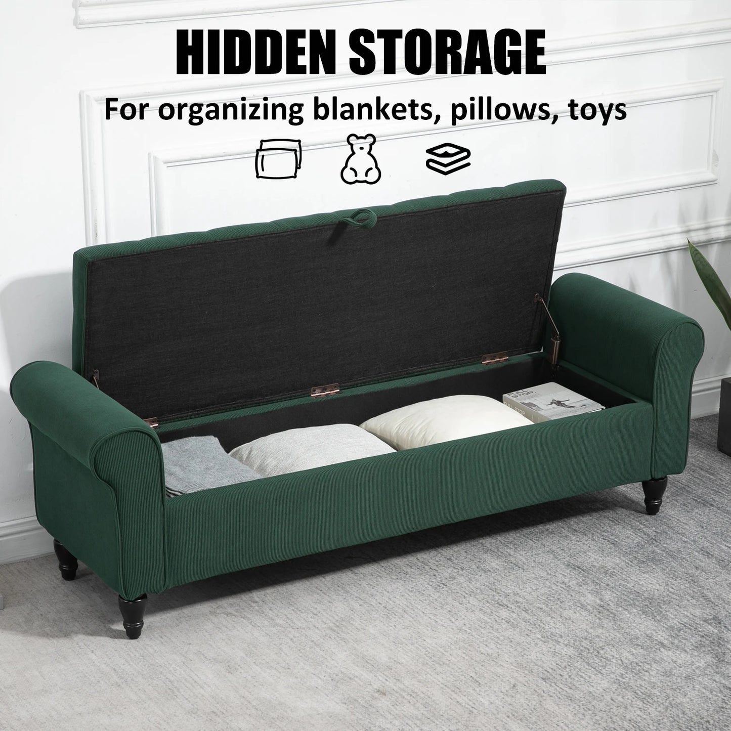 Corduroy Tufted Storage Bench with Rolled Arms