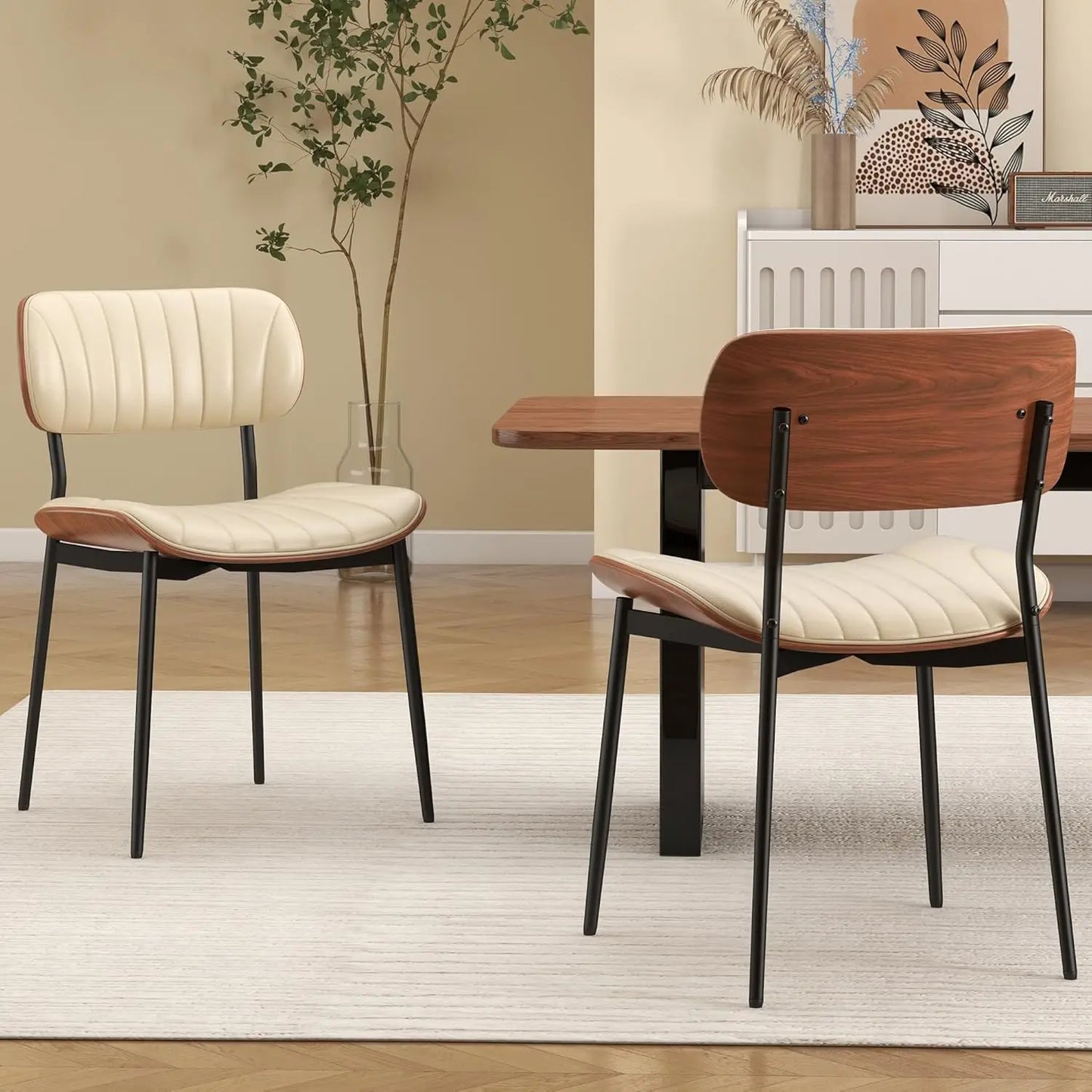 Mid-Century Dining Chairs with Bentwood Back and Metal Legs Set of 2