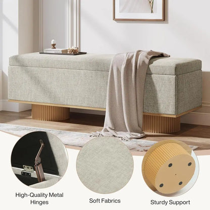 Modern Beige Storage Bench with Fluted Wood Legs