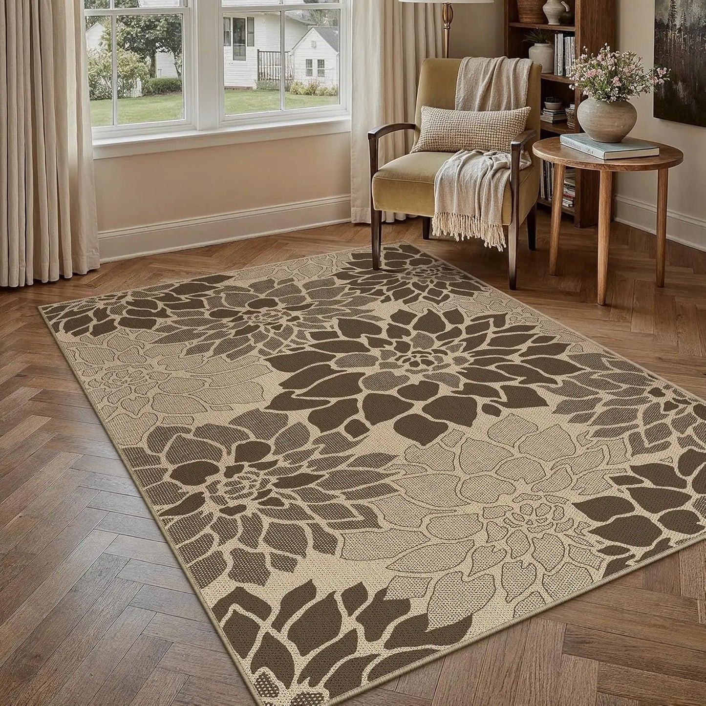 Brown Floral Indoor Outdoor Area Rug, 3' x 5'