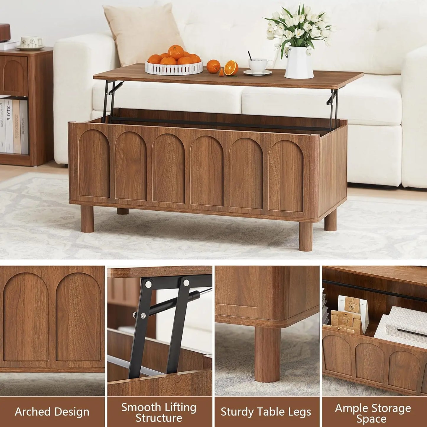 Arched Lift-Top Coffee Table with Hidden Storage