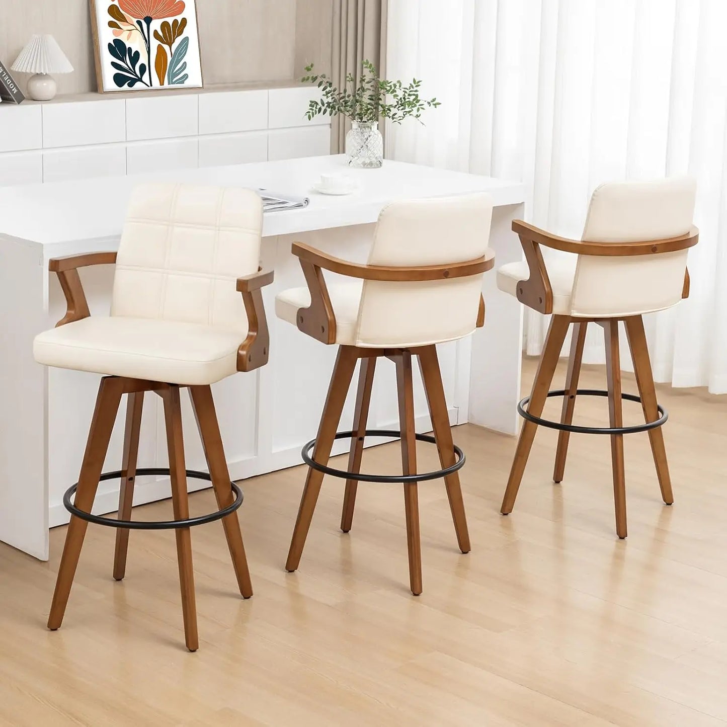 Retro Walnut Swivel Bar Stools With Bentwood Design