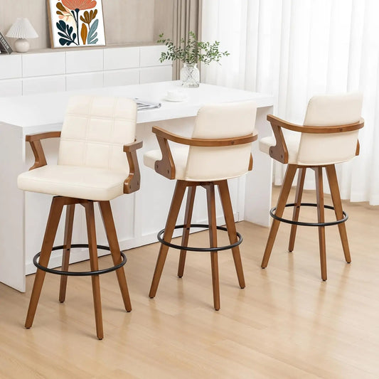 Retro Walnut Swivel Bar Stools With Bentwood Design