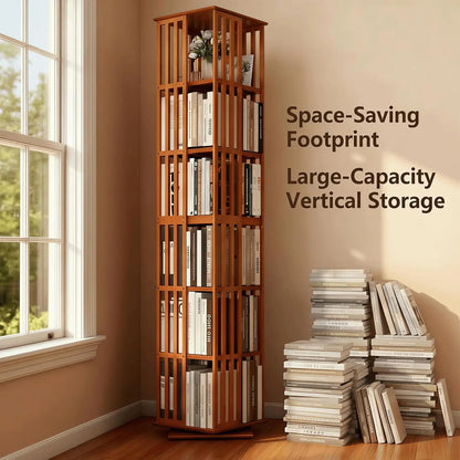360° Rotating Bamboo Six-Tier Bookshelf Tower