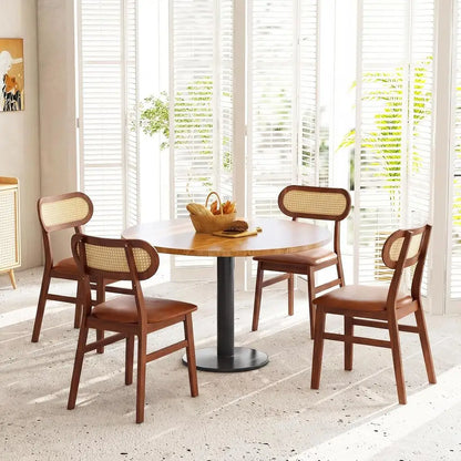 Mid-Century Dining Chairs with Rattan Back and Wood Frame - Set of 4