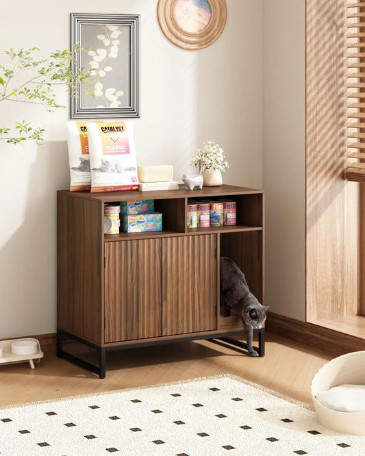 Hidden Cat Litter Box Cabinet with Fluted Doors and Storage