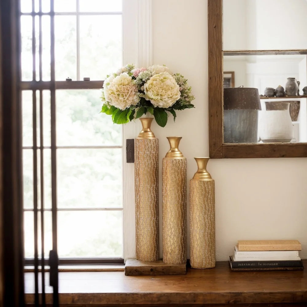 Gold Metal Floor Vases, Set of Three