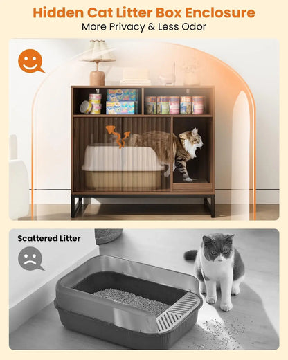 Hidden Cat Litter Box Cabinet with Fluted Doors and Storage