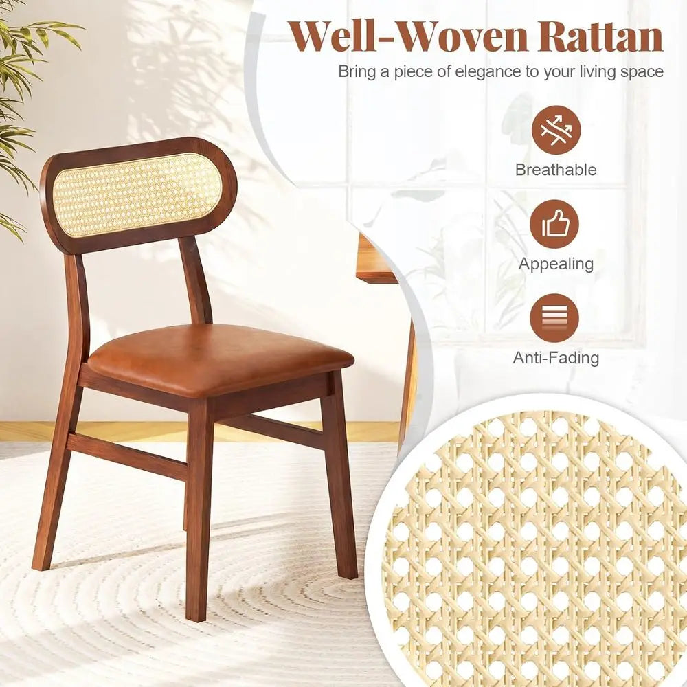 Mid-Century Dining Chairs with Rattan Back and Wood Frame - Set of 4