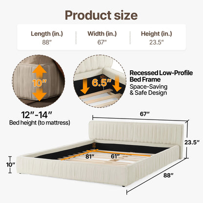 Modern Chenille Platform Bed with Pleated Detail