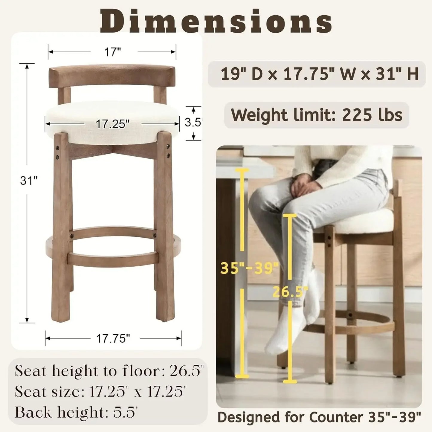 Mid-Century Linen Counter Stools Set of 4 with Wood Legs