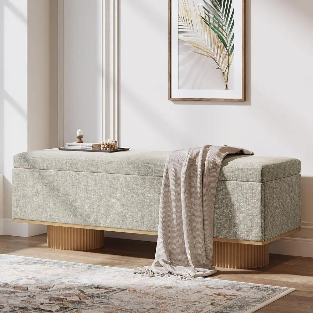 Modern Beige Storage Bench with Fluted Wood Legs