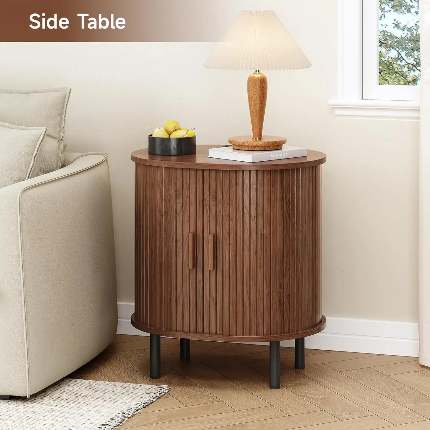 Mid-Century Side Table with Charging Station and Sliding Door
