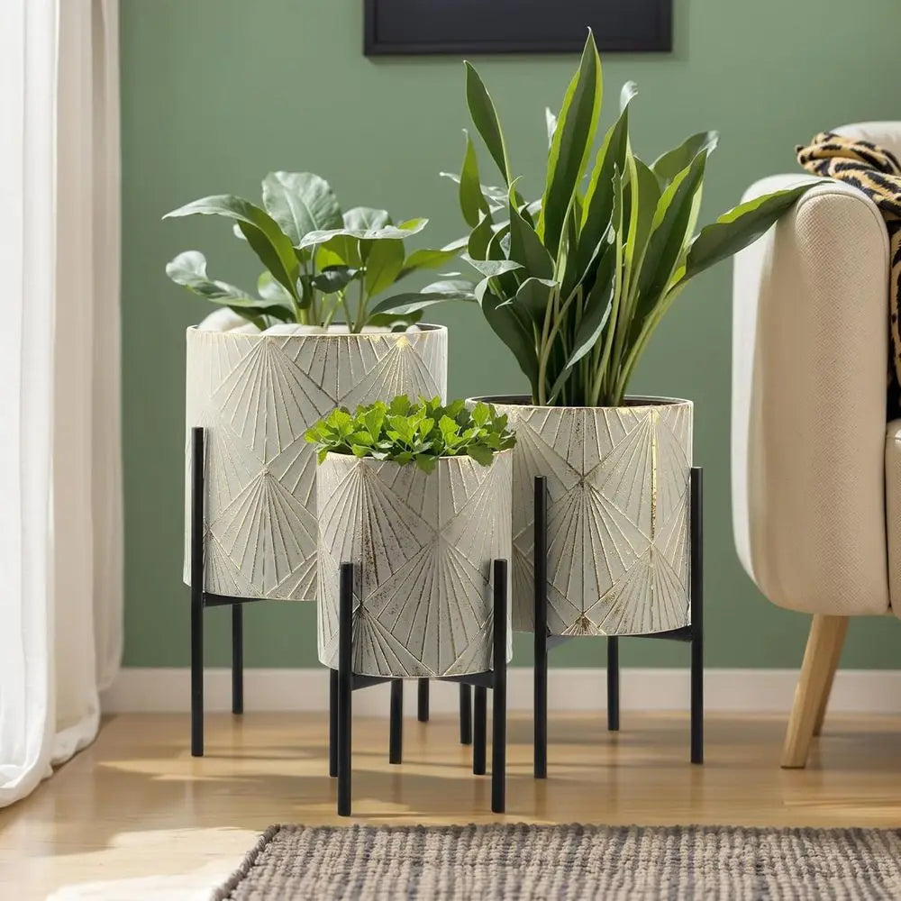 Modern Metal Planter Set With Gold Accent Stands