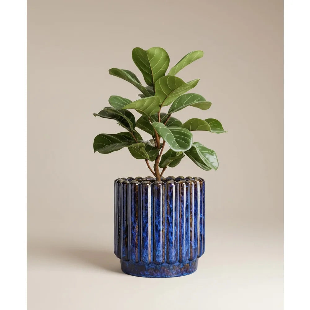 12” Peacock Blue Fluted Ceramic Planter