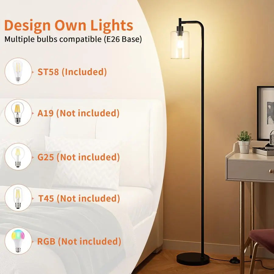 Modern Black Floor Lamp with Glass Shade and Foot Switch