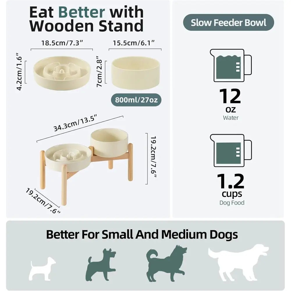 Elevated Slow Feeder Bowl Set with Wooden Stand