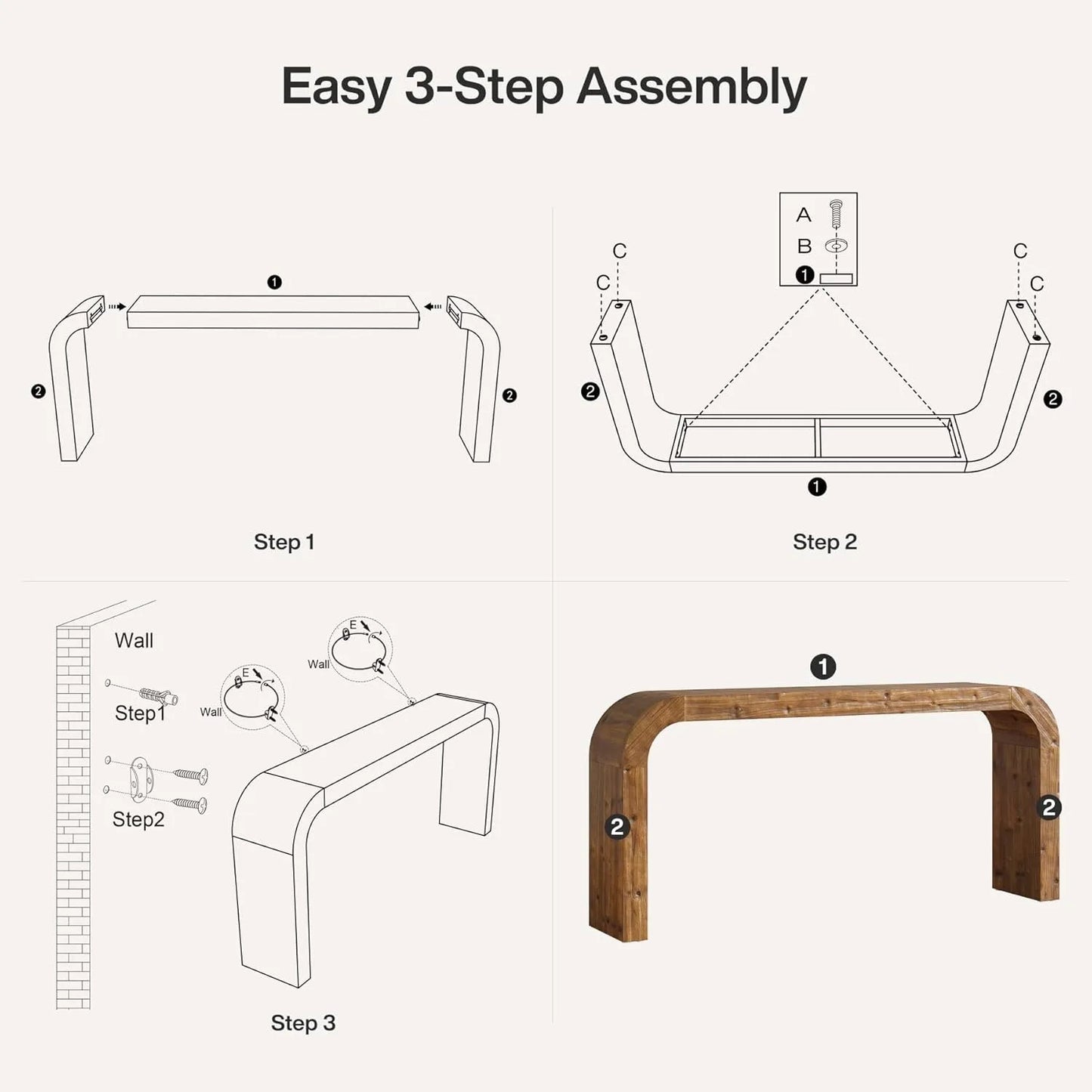 Curved Console Table with Solid Wood Sculptural Design