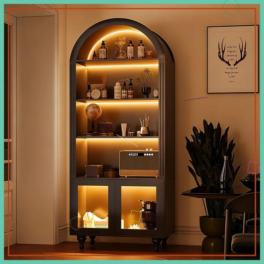 70” Arched LED Bookshelf with Glass Doors