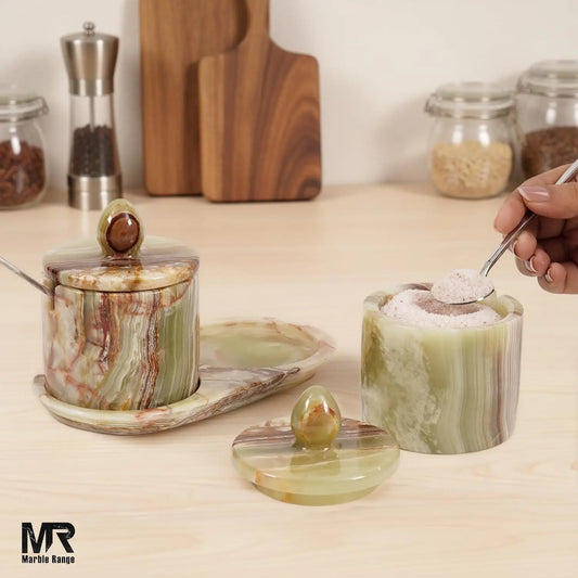 Green Onyx Marble Salt Cellar Set with Tray